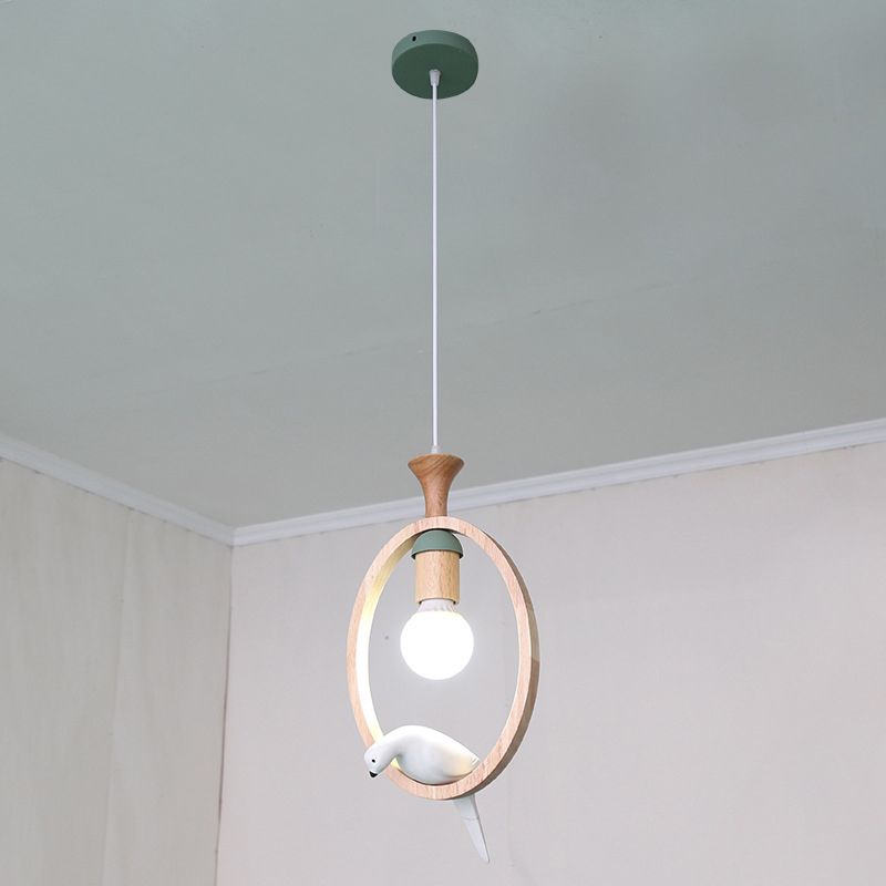 Dadelloze houten suspensielamp Noordse 1-licht hangerverlichting met harsvogel decor