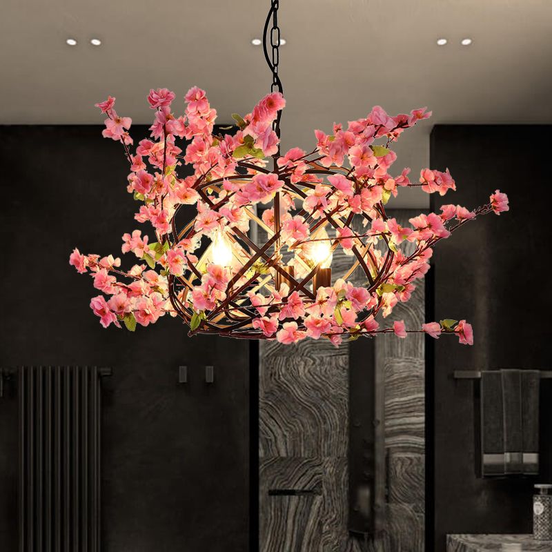 3 Lights Flower Chandelier Lighting with Bird Nest Metal Industrial Restaurant Drop Pendant in Pink