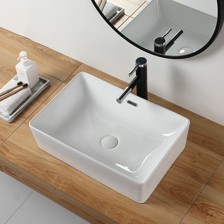 Modern Bathroom Sink Porcelain Rectangular with Pop-Up Drain and Overflow Vessel Sink