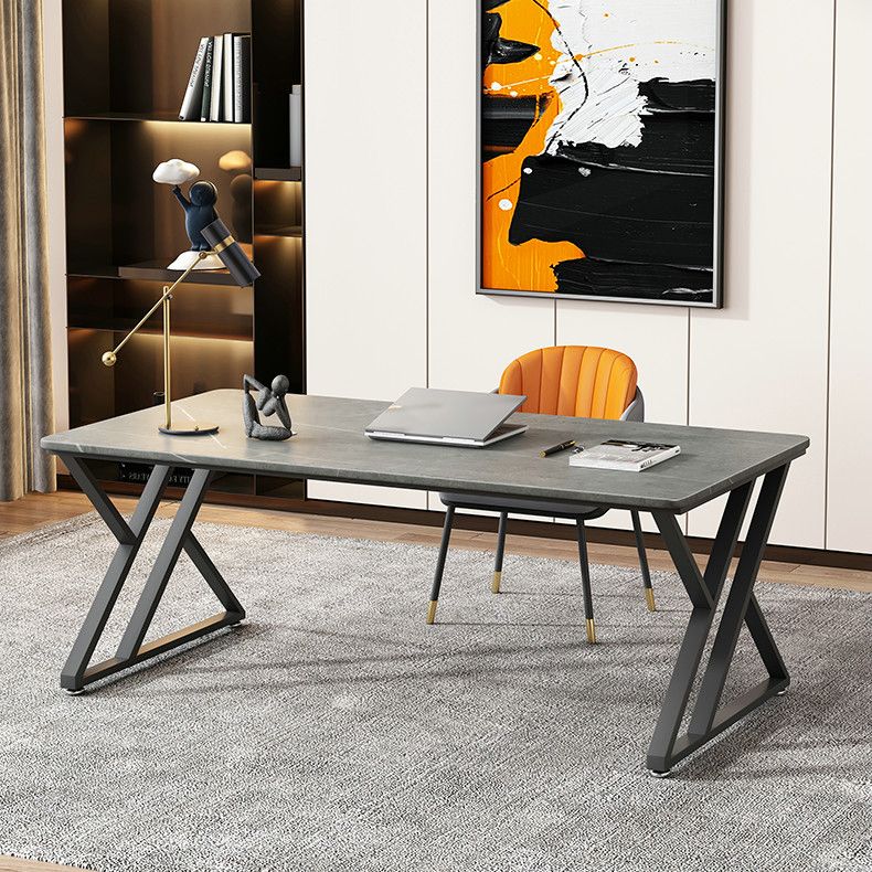 Rectangle Casual Dining Table Grey Tone Fixed Table with Sintered Stone