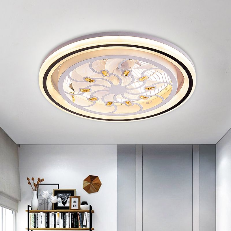 21.5' W LED Crystal Blocks Hanging Fan Lamp Contemporary White Round Dinning Room Semi Flush Light with 7 Blades
