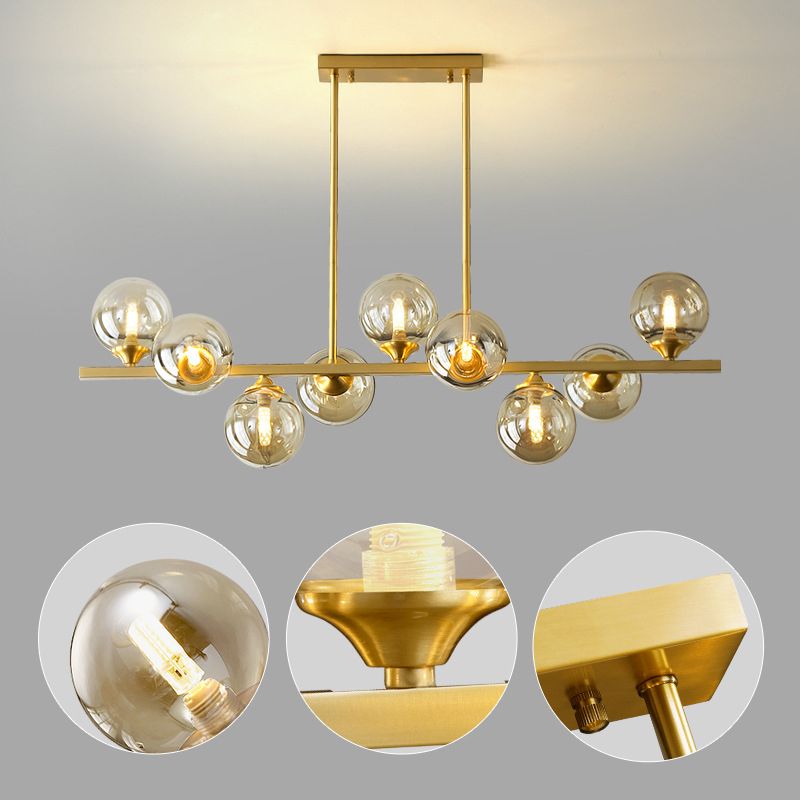 Mid-Century Modern Gold Metal Island Pendant Lighting Spherical Amber Glass Island Ceiling Light for Dining Table