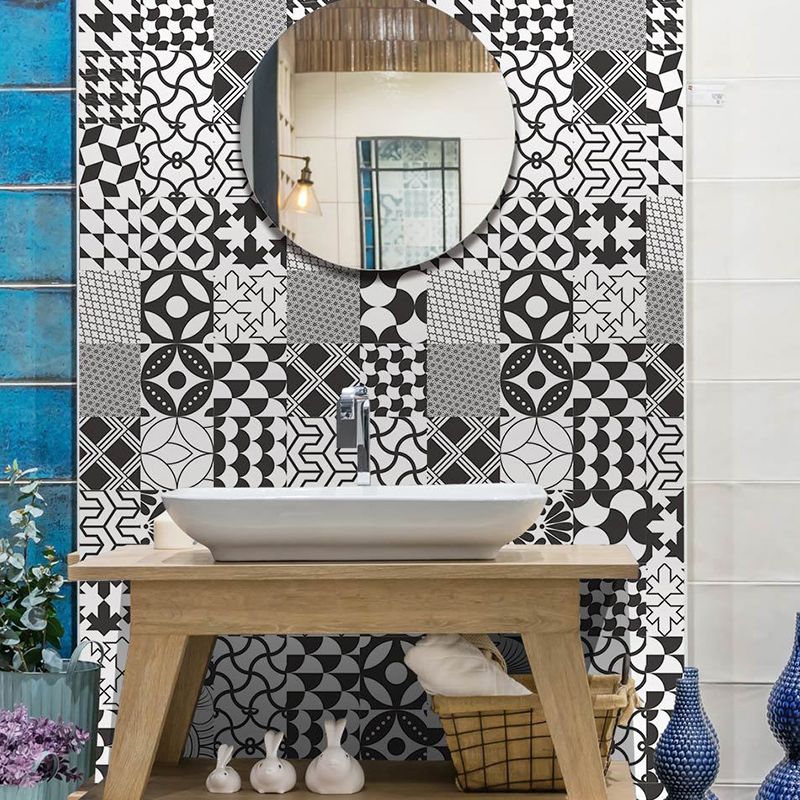 Seamless Geometric Pattern Wallpaper in Black-White Modern Adhesive Wall Covering for Bathroom