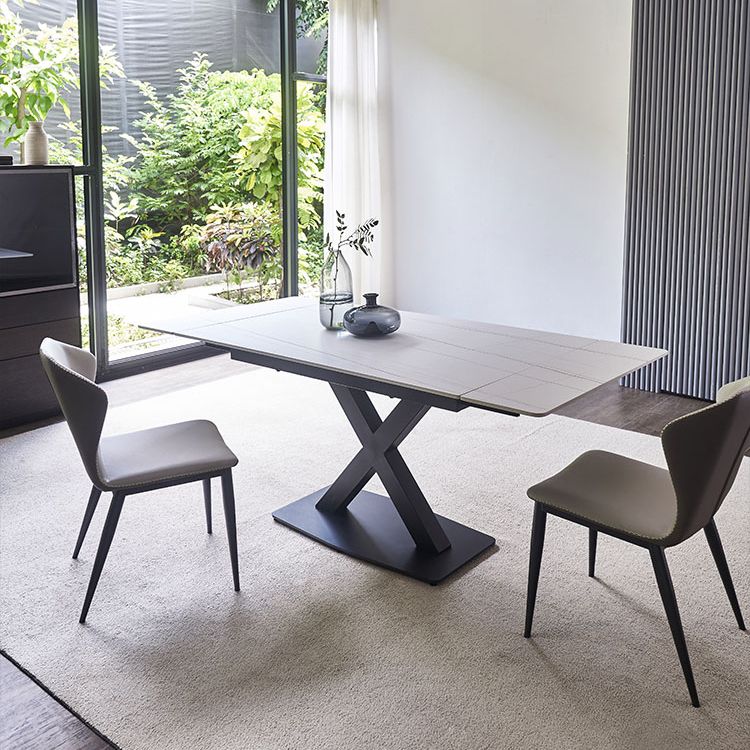 Contemporary Rectangle Dining Room Table Sintered Stone Table with Black Pedestal Base