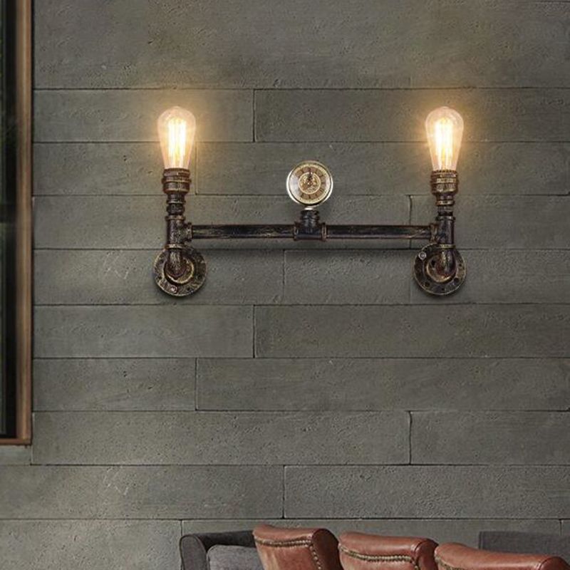 Iron Bronze Finish Wall Mount Lamp Bare Bulb 2-Head Antiqued Sconce Lighting with Gauge Deco