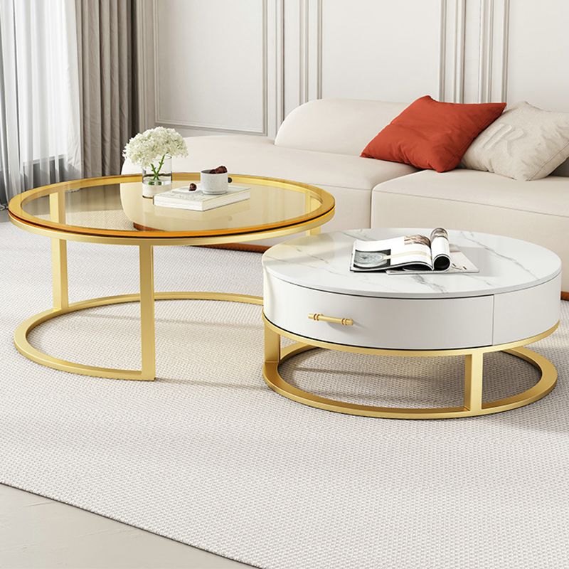 Gold Glass Top Coffee Table Set Frame Cocktail Table with Drawers