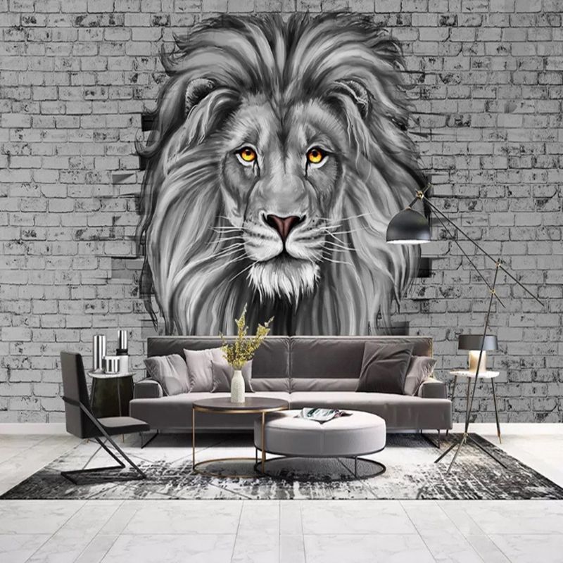 Giant Illustration Lion Mural for Theme Park Decoration in Grey, Personalized Size Available