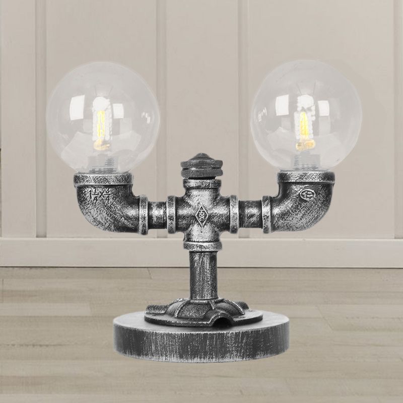 Tarea de sombra redonda de vidrio transparente/ámbar iluminación vintage estilo 2 luces lámpara de escritorio de cafetería en plata antigua/bronce