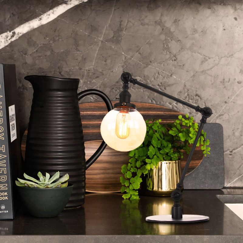 Industrial Global Table Lamp Amber/Clear Glass 1 Light Restaurant Table Light with Adjustable Arm in Black/Brass Finish