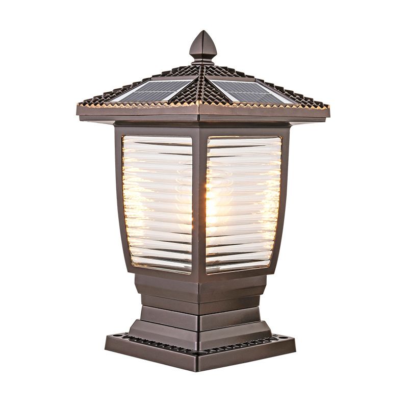 Contemporary Metal Pillar Lamp Pavilion Shape Outdoor Waterproof Light with Glass Shade