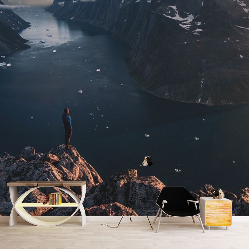 Huge Modern Mural in Black Man Stand on Peak by the Riverside with Snow Melting Wall Decor, Custom Made