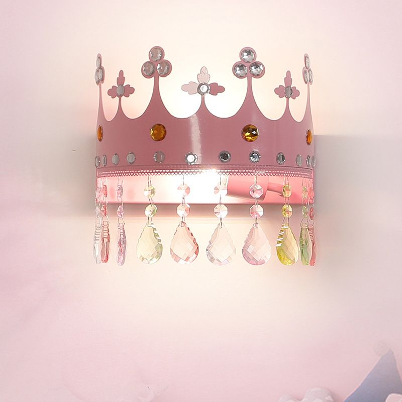 Crown Sconce Light Fixture Cartoon Iron LED Pink/Gold Wall Mount Light with Crystal Drop Deco