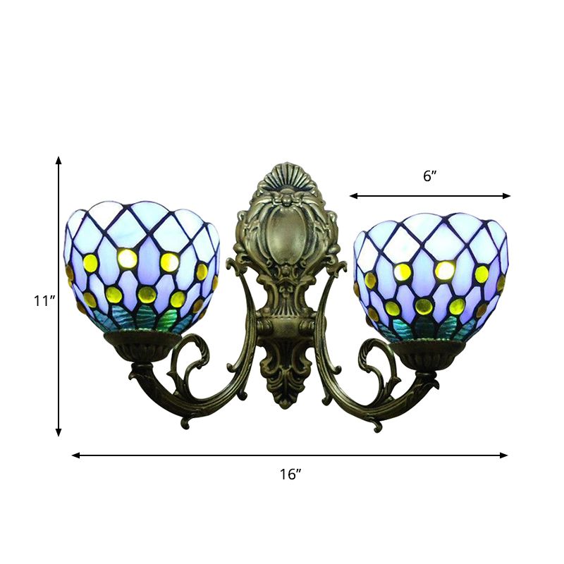 Blue Lattice Domed Wall Scone Two Lights Classic Tiffany Stained Glass Wall Light for Bar