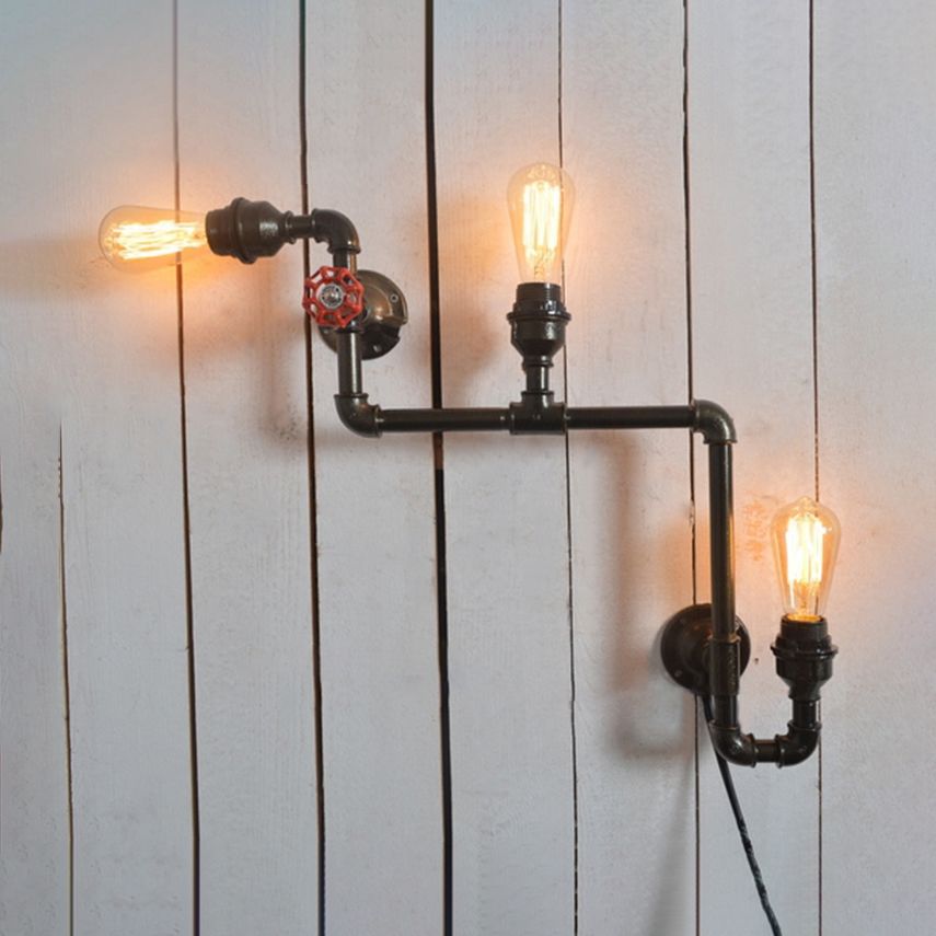 3 Heads Wall Light Sconce with Open Bulb and Pipe Metallic Industrial Style Restaurant Wall Mount Light in Black