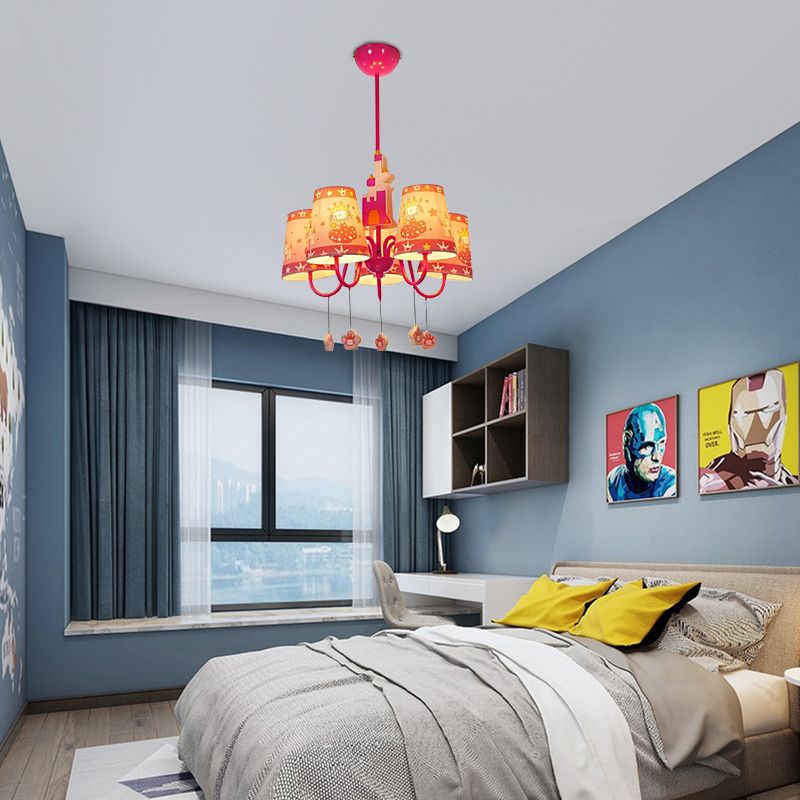 5 lumières Castle Chandelier avec Princess Kids Metal Hanging Light en rose pour la chambre de filles
