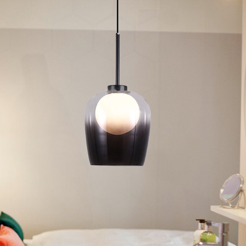 Smoke Gray Glass Dome Pendant Minimalism 1 Light LED White Suspension Lamp for Bedroom