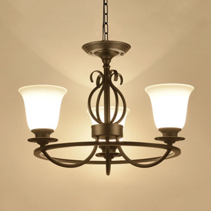 Bell Frosted Glass Chandelier Lighting Traditional 3/6/8 Lights Living Room Pendant Lighting in Black