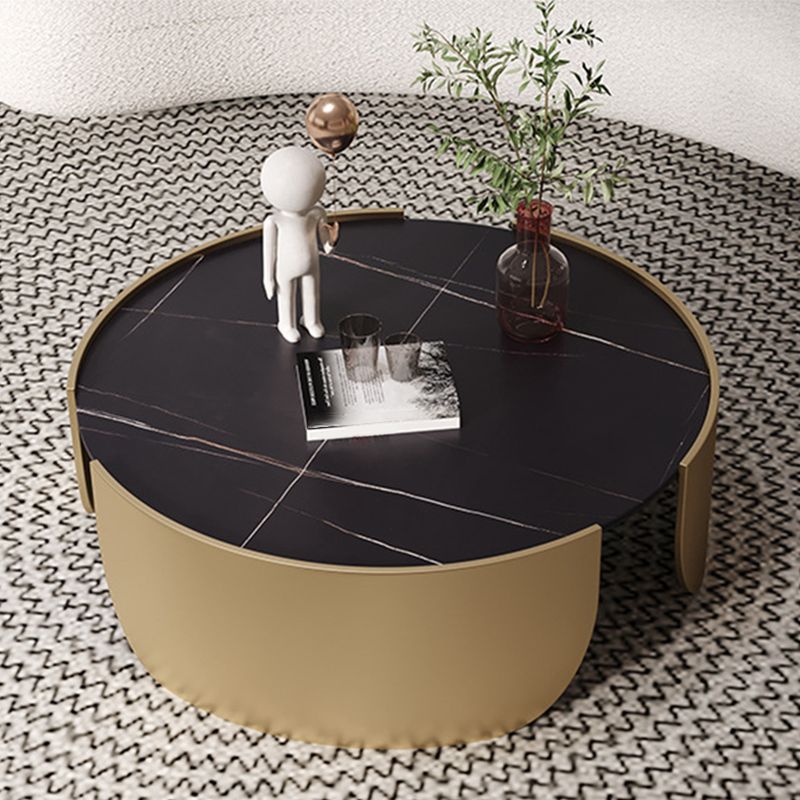 Glam Stone Top Coffee Table with Steel Drum Base Round Cocktail Table