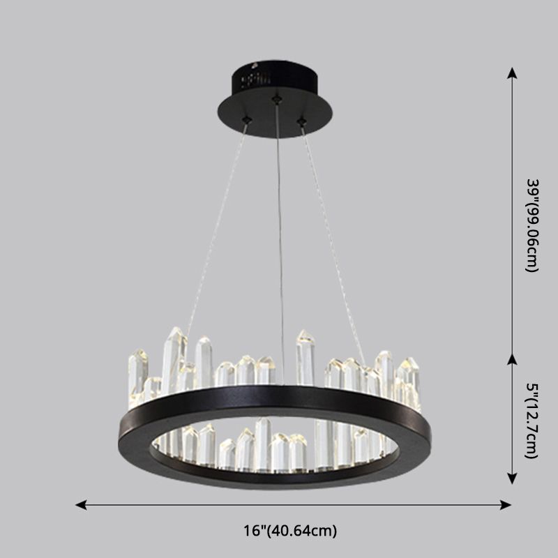 Minimalist Ring-Shape LED Chandelier Crystal Stick Living Room Hanging Light in Black