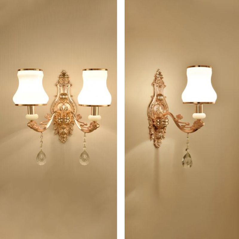 Gold Wall Mount Light Retro Glass Floral Shade Wall Lighting with Hanging Crystal