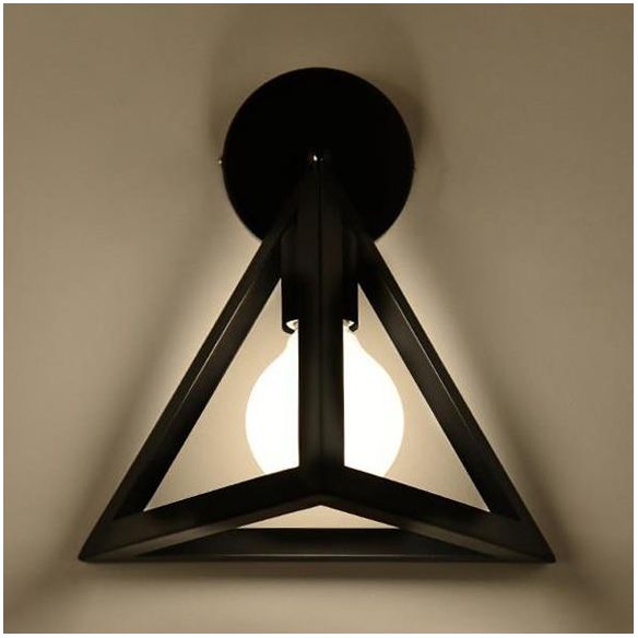 Metal Caged Wall Light Fixture with Triangle Shade Loft Style 1 Light Bedroom Wall Lamp in Black