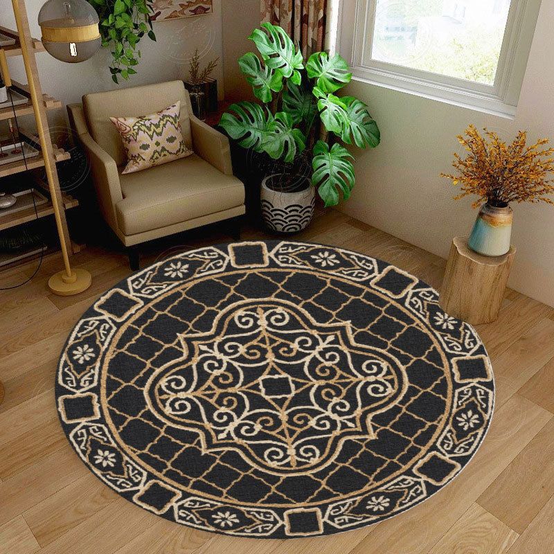 Retro Round Rug Medallion Print Polyester Carpet Non-Slip Backing Area Rug for Living Room