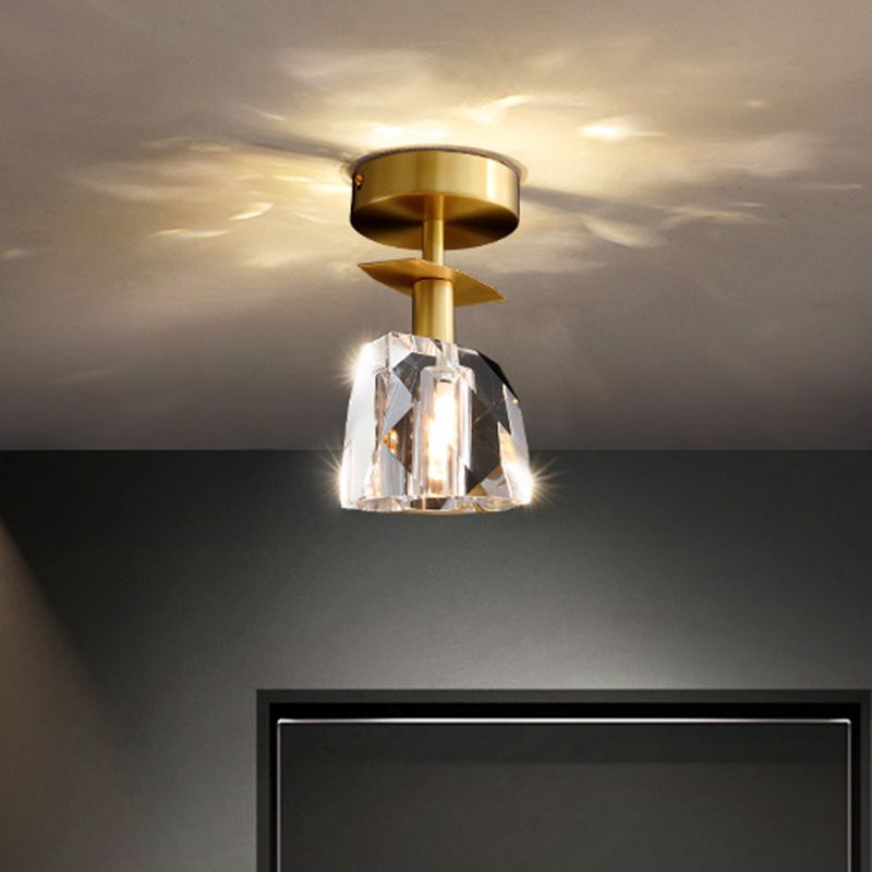 1 Bulbs Clear Bevel Cut Glass Ceiling Lamp Modern Brass Irregular Half Sphere Porch Semi Flush Light