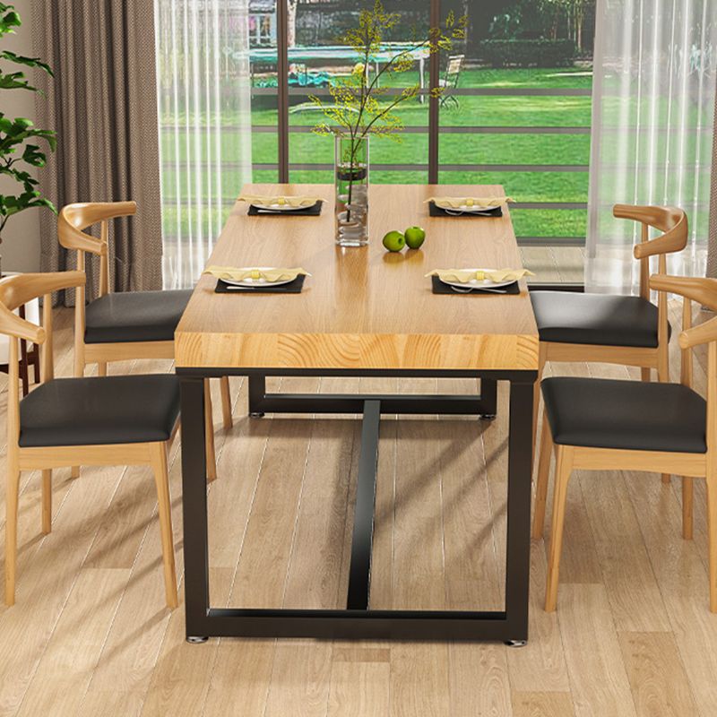 Industrial Solid Wood Dining Table Rectangle Table in Brown with Metal Trestle Base