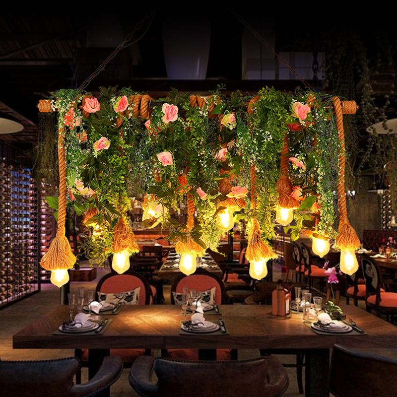 10-Head Exposed Bulb Hanging Lamp Lodge Brown Hemp Rope Island Light with Green Plant Decoration