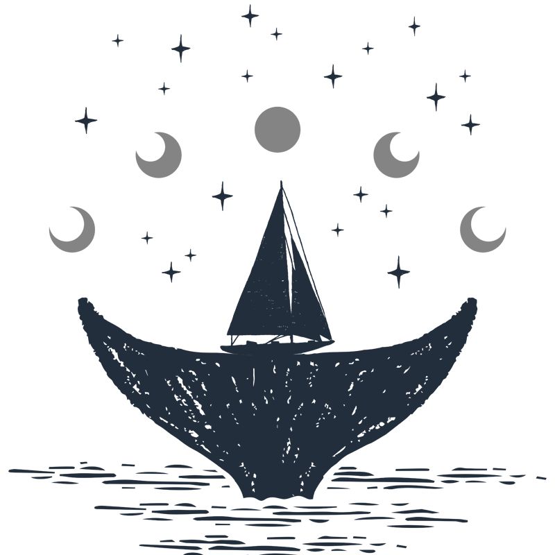 Custom Illustration Novelty Mural with Moon and Whale Tail Pattern in Black-White
