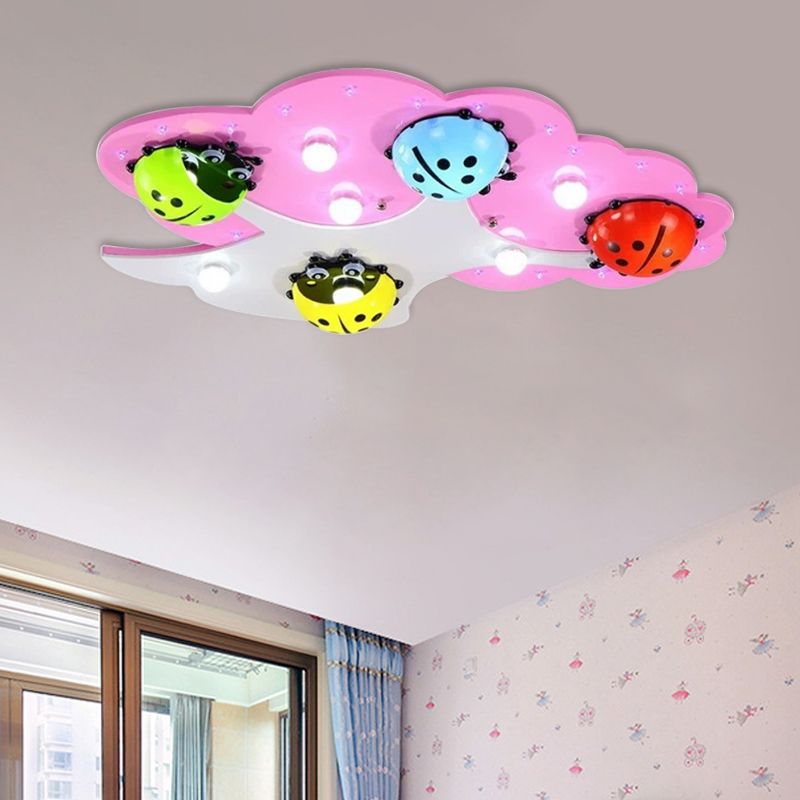 Kids Style LED Ceiling Lighting Pink/Green Ladybug Flush Mount Fixture with Acrylic Shade