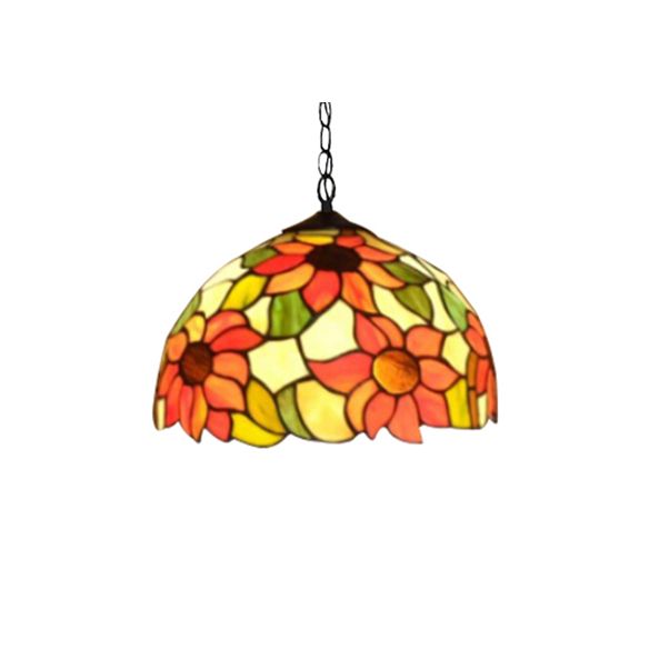 12"/16" Wide Domed Hanging Lamp Tiffany-Style 1 Bulb Black Hand Cut Glass Pendant Ceiling Light with Sunflower Pattern, A/B/C/D