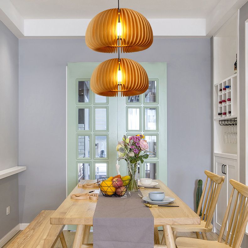 Wood Pumpkin Hanging Pendant Light Japanese Style Beige Pendant Lighting Fixture