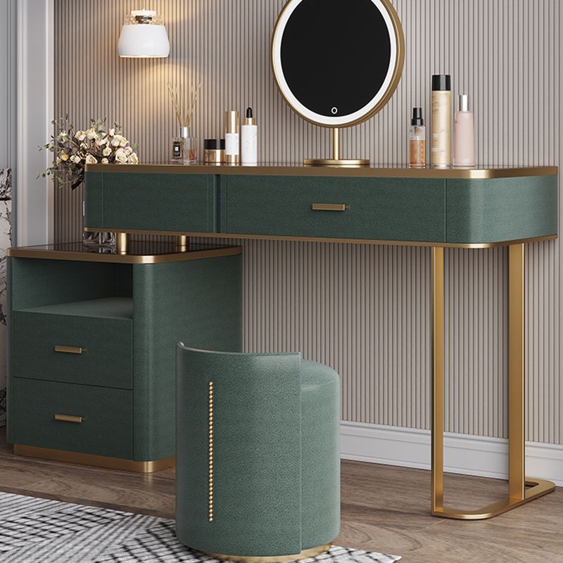 Glass Top Vanity Table 2-Drawer Stool Vanity Set with Lights Mirror