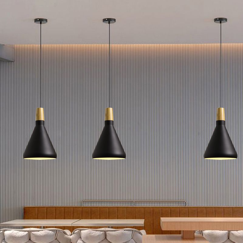 7"/11"/15" W Cone Dining Table Pendant Lighting Simple Style Metallic 1 Head Hanging Lamp with Adjustable Cord in Black/Grey/White