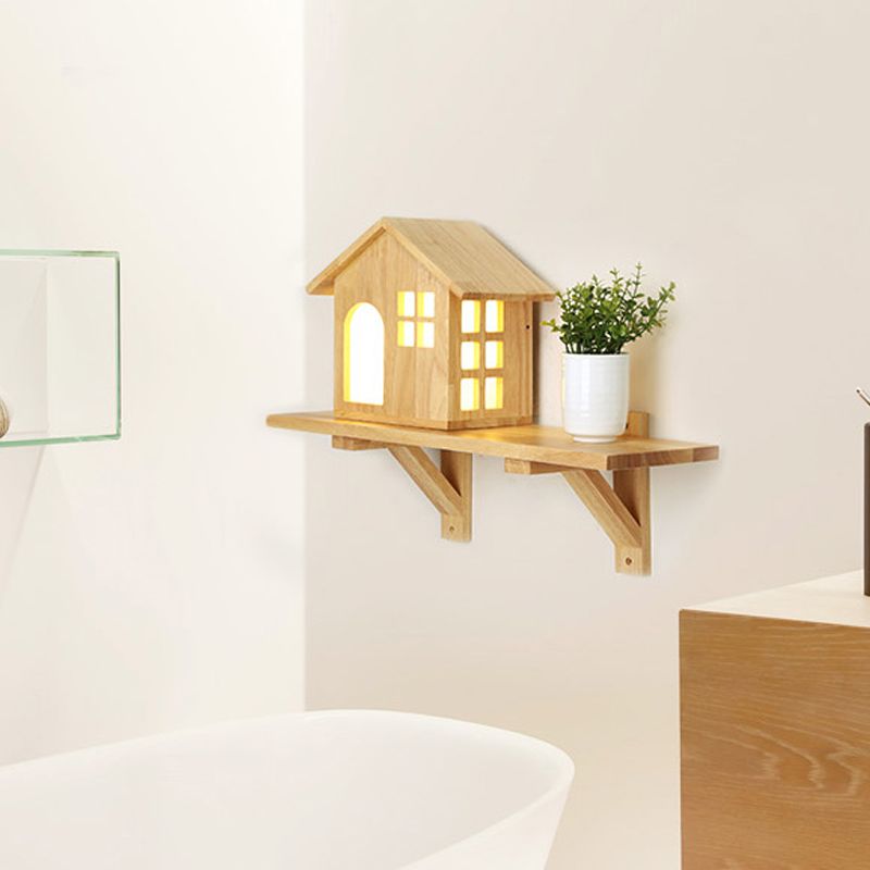 Belle petite maison murale avec étagère à lampe murale à LED en bois en beige pour le salon
