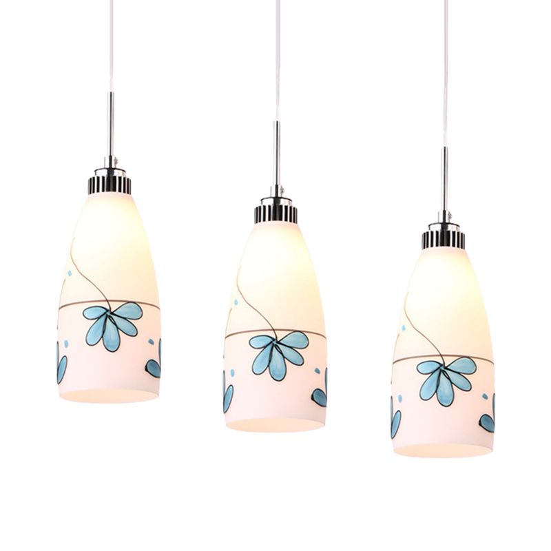 3-Bulb Cone Multiple Hanging Lamp Minimalism Black/Yellow/Blue Printing Glass Pendulum Lamp with Linear/Round Canopy
