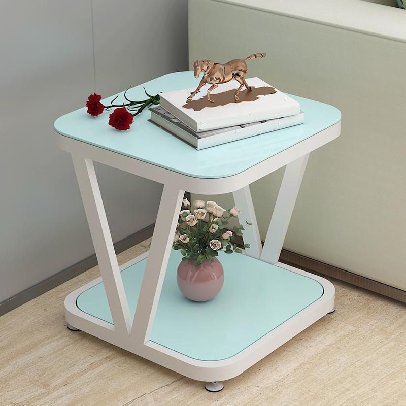 Modern Metal and Glass End Table Square Trestle End Table for Living Room