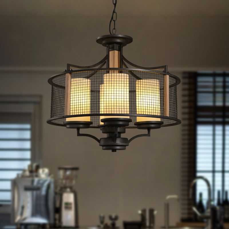 Zwarte cilinderhangende kroonluchter traditionele stijl matig glas 4 koppen woonkamer hanglampje lichtkit met drumkooi