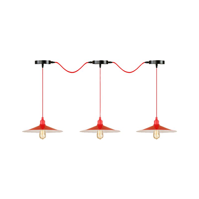 Industrial Style Flared Hanging Lamp 3/5 Lights Metallic Hanging Light Fixture in Red for Kitchen