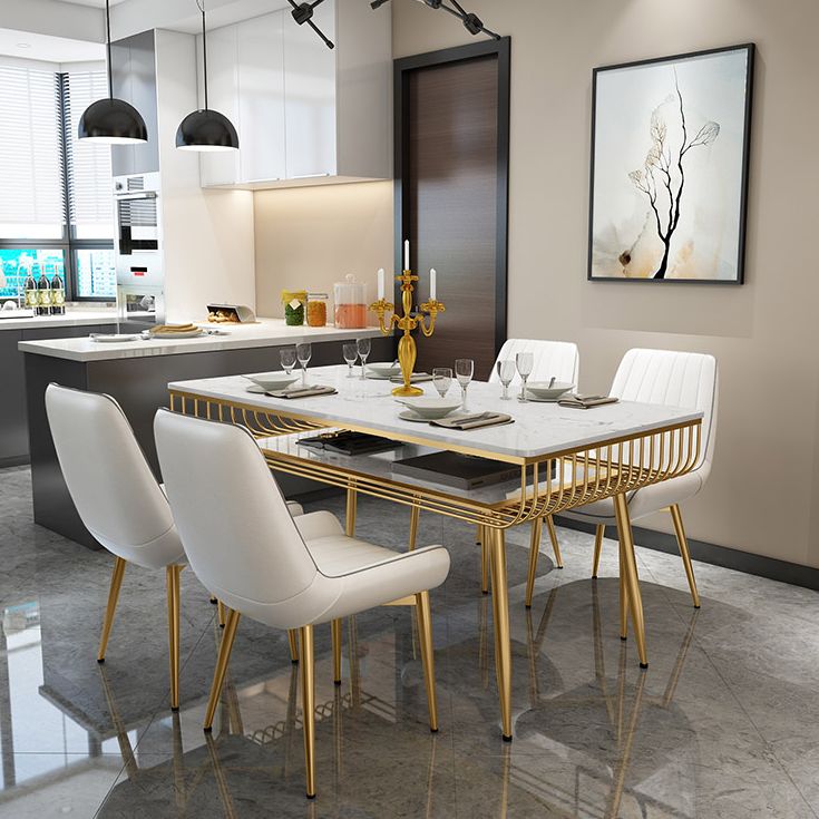 Contemporary Style Marble Table with White Table and 4 Gold Legs Base for Home Use