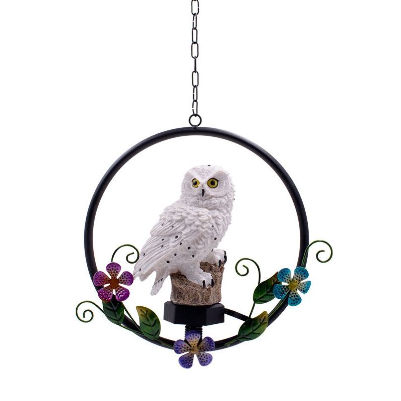 Resin Owl Hanging Pendant Light Modern LED Solar Suspension Lamp with Flower Decor in Brown/White