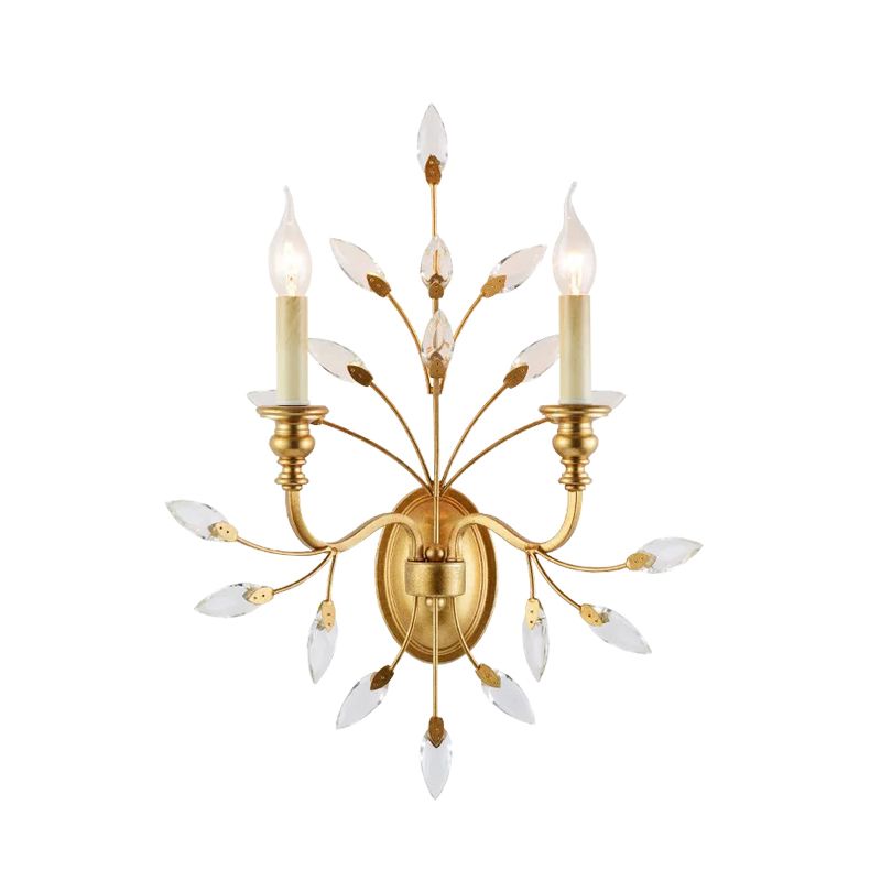 Rustic 2 Light Wall Mount Light with Crystal Leaf Decoration Brass Branch Wall Mount Light
