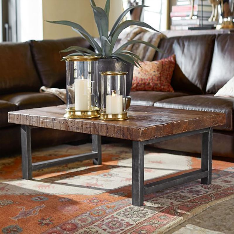 Farmhouse Wood 4 Legs Coffee Table Rectangle Table in Brown Finish