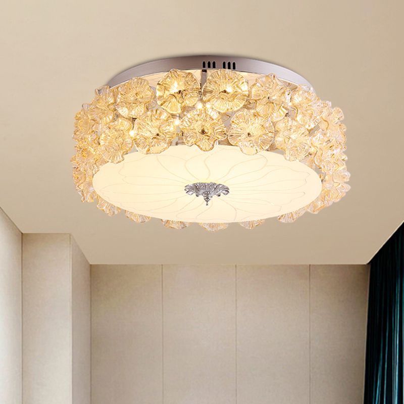 Cristallo Viola/Bianco LED Flush Light Floweret-Embellished Drum Moderno Vicino alla lampada da soffitto