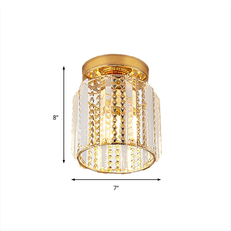 Cylindrical Crystal Mini Flush Lamp Simple 1 Light Golden Corridor Ceiling Mounted Light, 7" Wide