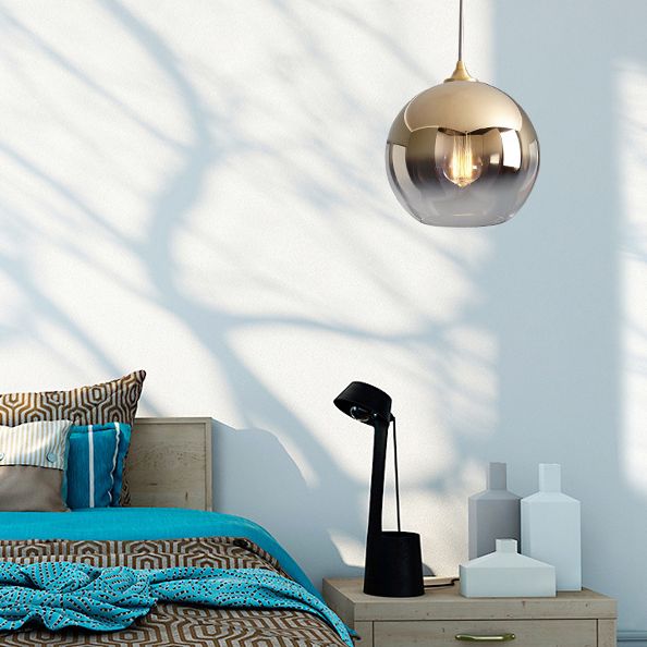 Gold 1 Light Pendant Light Mid-Century Modern Spherical Smoke Glass Living Room Hanging Lamp