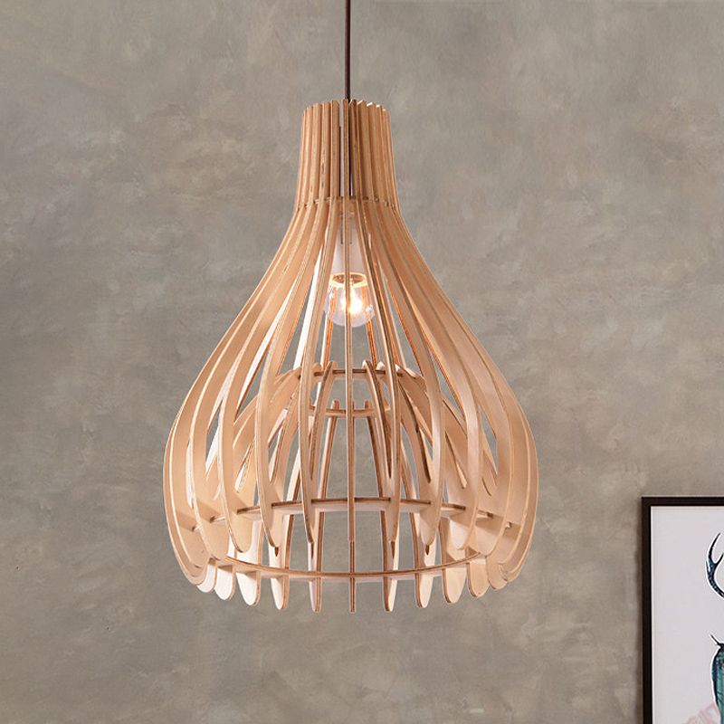 Chinese Pear-Shaped Pendant Lighting Wood 1 Head Ceiling Hanging Light in Beige