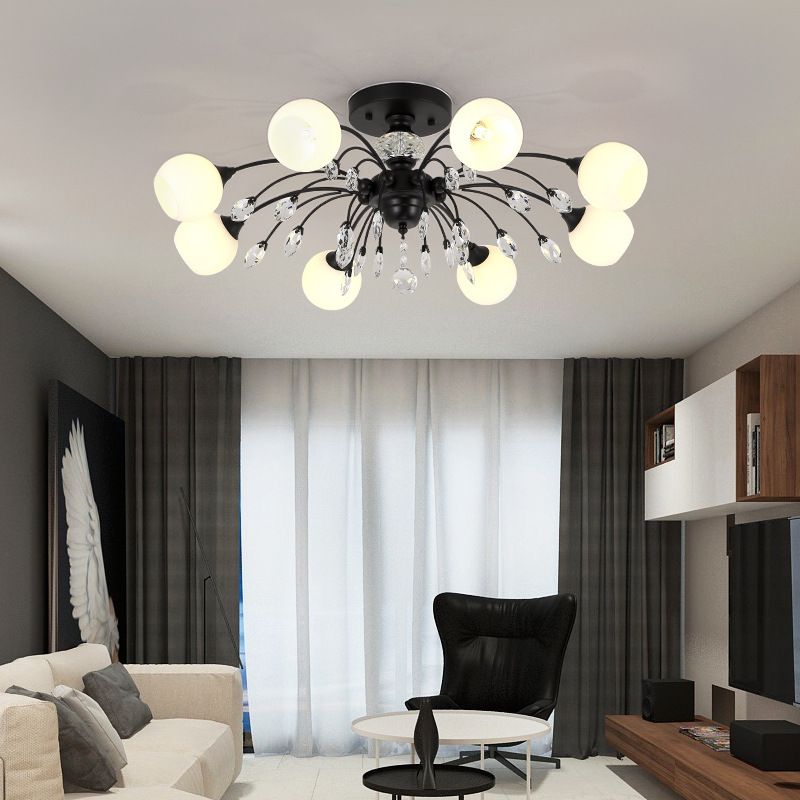 Traditional Round Semi Mount Lighting Glass Ceiling Lighting in Black
