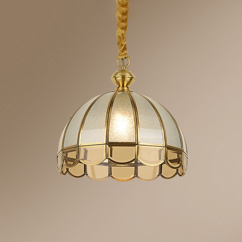 Dome Dining Room Pendulum Light Antique Textured Glass 1 Head Gold Pendant Light with Scalloped Edge